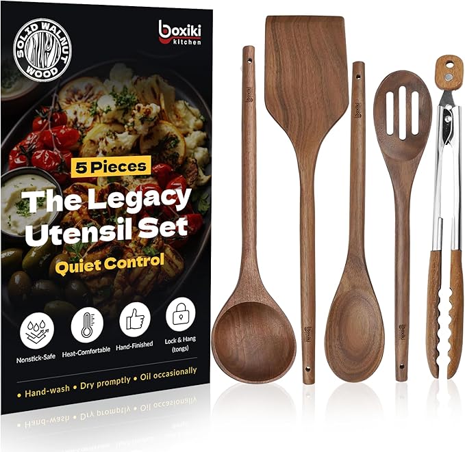 Elegant 5-Piece Walnut Wood Kitchen Utensil Set – Non-Scratch, Heat-Resistant Cooking Utensil Set with Kitchen Tongs, Spoons, Spatula & Ladle – Lightweight, Durable & Perfect for Daily Use or Gifting