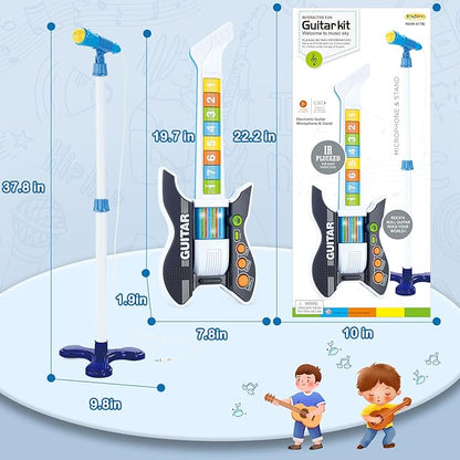 deAO Kids Guitar and Microphone Set with Stand Adjustable Height Music Light Karaoke Music Toys Christmas Birthday Gift for Kids Boys Girls (Black)