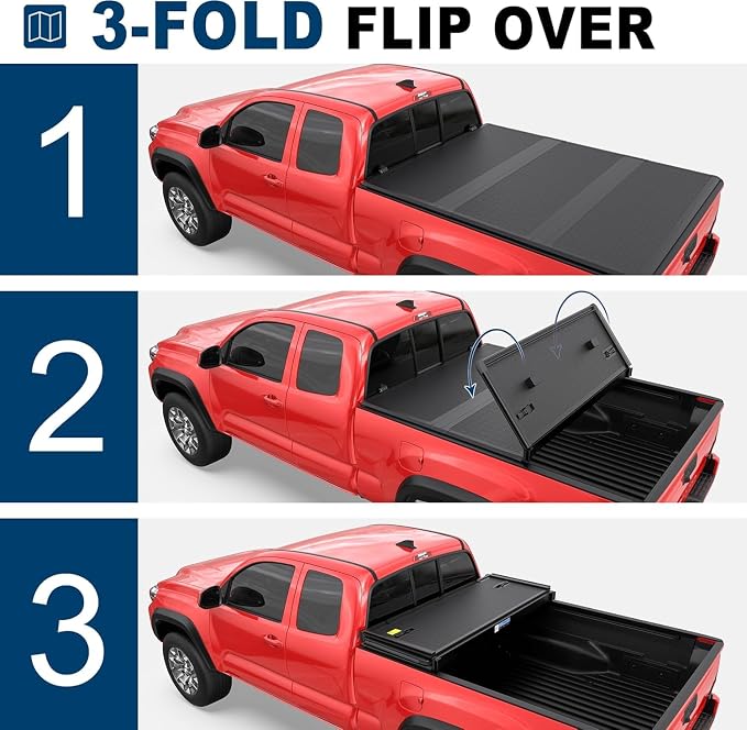 MOSTPLUS 5FT Tri-Fold Hard Fiberglass Truck Bed Tonneau Cover Compatible for 2024 2025 2026 Toyota Tacoma with Deck Rail System (Not for Trail Edition) On Top 60Inch