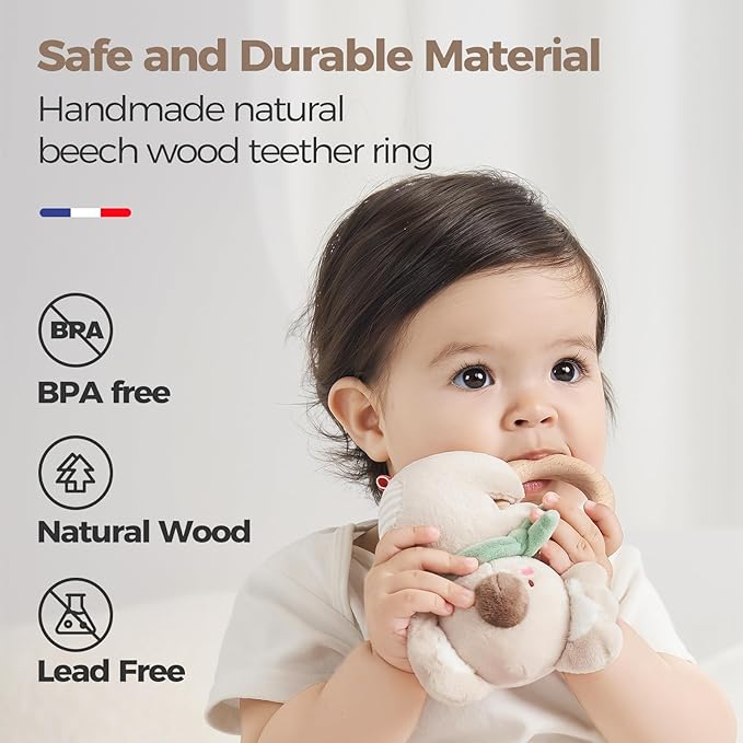 Evoceler 2 PCS Koala Rattles & Shaker Toys with Embroidered Details, Wooden Teething Ring Baby Toys, BPA-Free Sensory Toys for 0-3-6-12 Months, Squeaky Infant Toy, Ideal Baby Shower Boy Girl Gift
