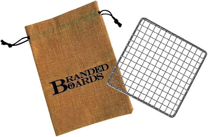 Portable Bushcraft Stainless BBQ Cooking Grill Grate, Bamboo Cutting Board, Burlap Bag, Mini Knife, Fire Starter Kits. Camping, Campfires, Backpacking, Hunting & Fishing Gear