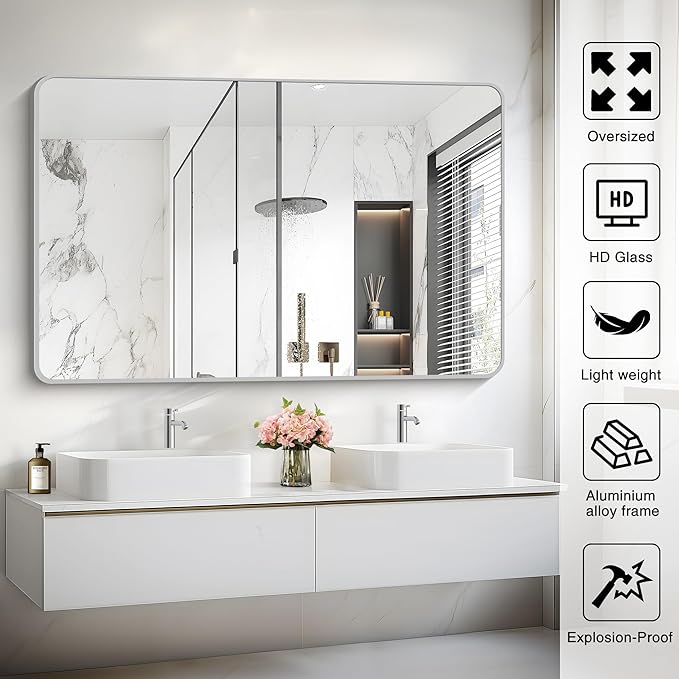 55x36 Inch Silver Bathroom Mirror, Large Rectangular Vanity Mirror, Metal