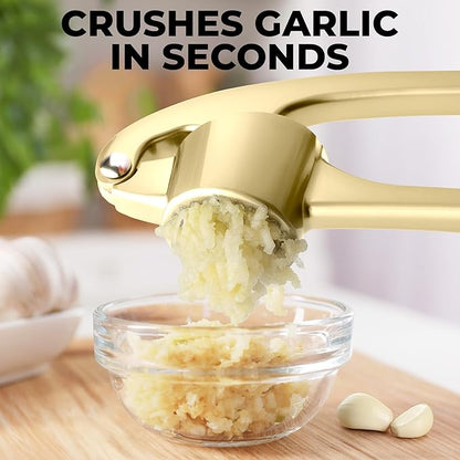 Zulay Kitchen Large Premium Garlic Press Set - Bigger Bowl for Bigger Garlic - Rust Proof & Dishwasher Safe Garlic Mincer Tool - Easy-Squeeze, Easy-Clean Silicone Garlic Peeler & Brush (Gold)