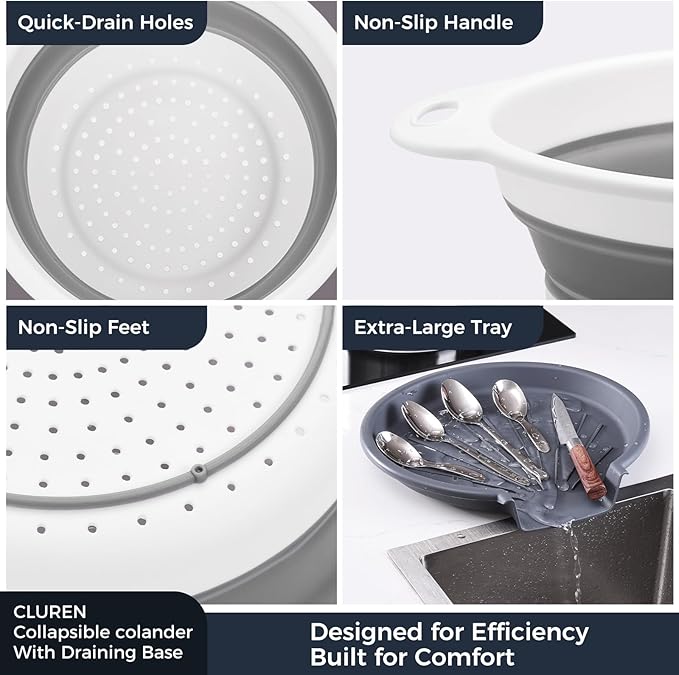 Collapsible Colander Set with Oversized Draining Tray | 3-Pack Foldable Kitchen