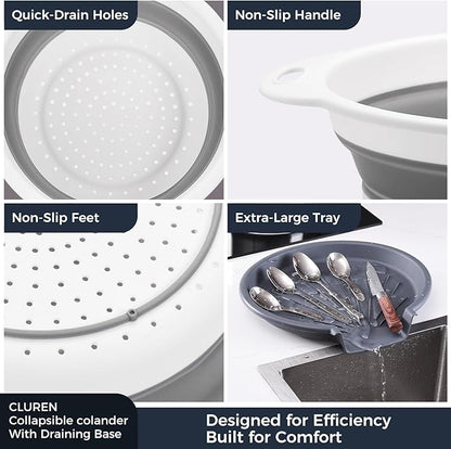 Collapsible Colander Set with Oversized Draining Tray | 3-Pack Foldable Kitchen