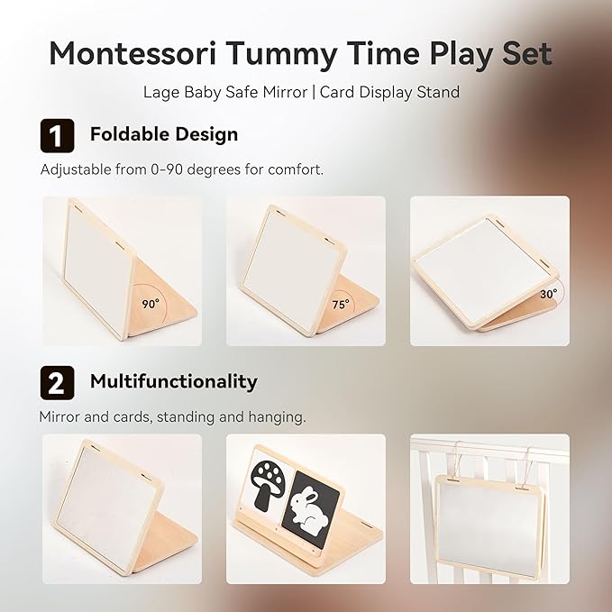Tummy Time Play Set Adjustable Angle, Double-Sided Design, Montessori Tummy Time Toys Large Baby Safe Mirror and Card Display Stand with Black and White High Contrast Baby Cards