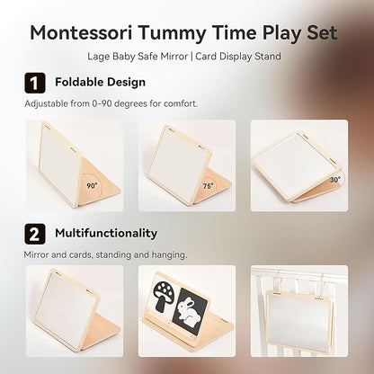 Tummy Time Play Set Adjustable Angle, Double-Sided Design, Montessori Tummy Time Toys Large Baby Safe Mirror and Card Display Stand with Black and White High Contrast Baby Cards