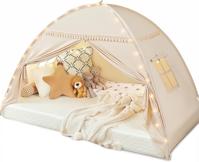Toddler Canopy Lights & Flags Indoor Floor Bed Kids Tent Playhouse Portable & Foldable Twin Bunk Bed Curtains Girls & Boys House Bedroom Privacy Space Sleeping Tents Gifts Golden Beige Large Size