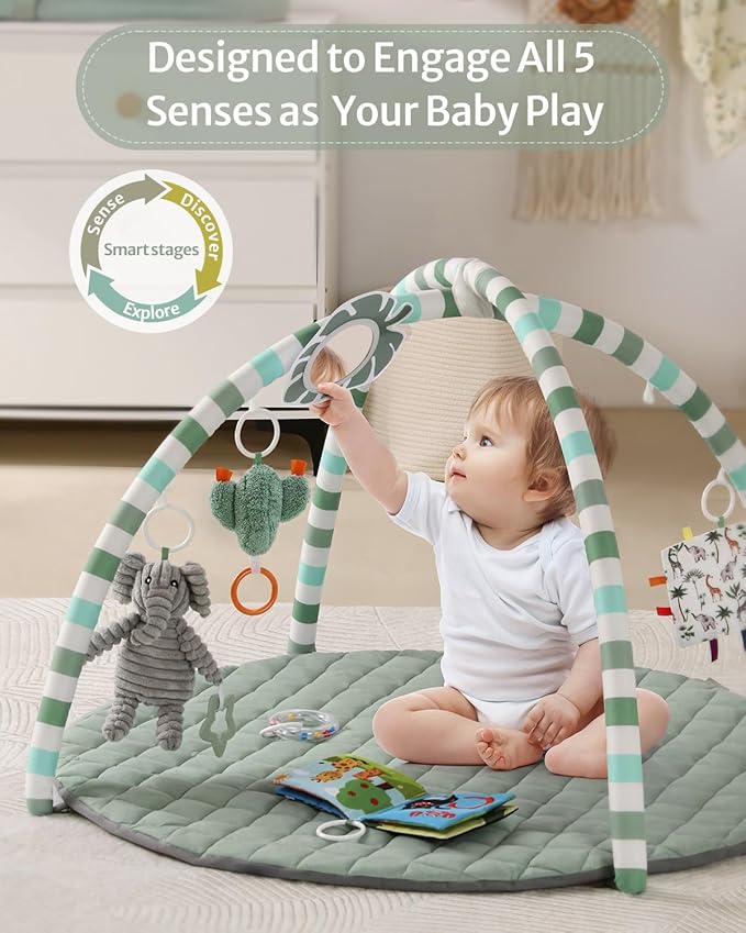 Blissful Diary Baby Play Gym Mat, Play Mat Activity Mat with 6 Detachable Toys for Stage-Based Sensory & Motor Skill Development, Easy to Install & Clean, Baby Essentials Gift, Sage Green