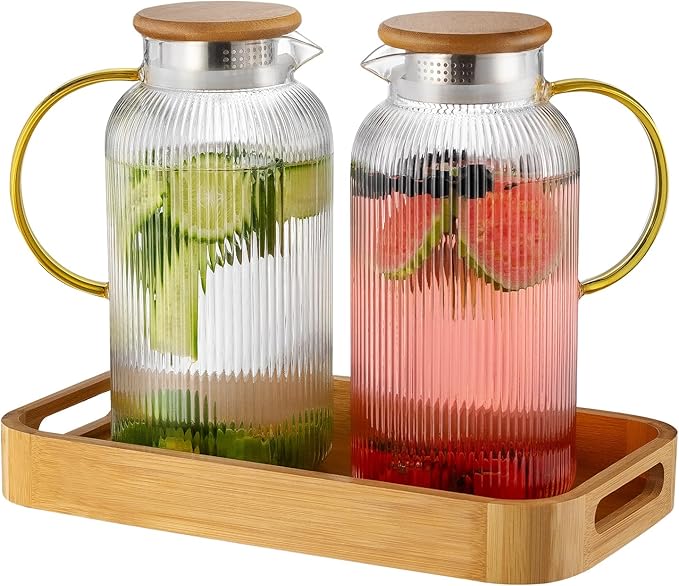 Buaic Glass Pitcher with Lid, 2 PACK 68 oz/2 Liter Vertical Water Pitcher With