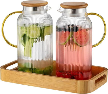 Buaic Glass Pitcher with Lid, 2 PACK 68 oz/2 Liter Vertical Water Pitcher With