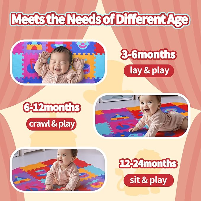 Coolcandy Baby Play Mat, 25Pcs Interlocking Puzzle Floor Mat, with Safety Fence - 0.4" Thick Non-Toxic EVA Foam Play Mat, for Infants & Toddlers 3-36 Months, Soft Puzzle Tiles for Play Areas