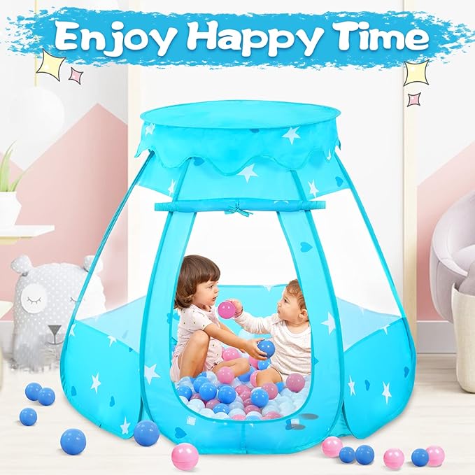 Baby Ball Pit for Toddler with 50 Balls, Kids Pop Up Play Tent for Girls, Princess Toys for Children Indoor & Outdoor Playhouse with Carry Bag (Bule: Pink/White/Babyblue, 109x90cm/50 Balls)