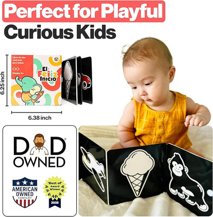 Happy Start Award-Winning High Contrast Board Book - Newborn Black & White Baby Cards, Easy to Clean, Hospital Approved, Stands on Its Own, Tummy Time Toy, Ages 0+ (Spanish)