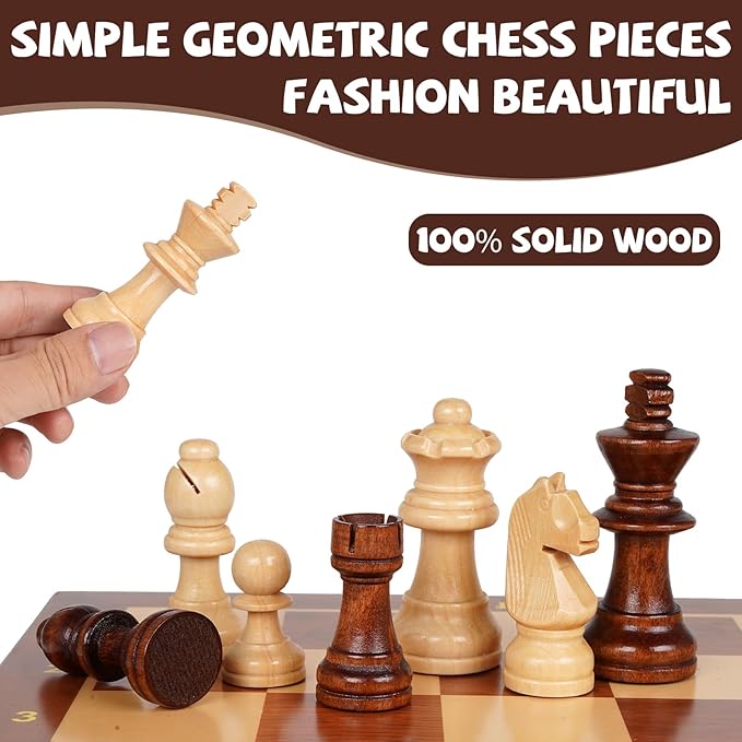 Wooden Magnetic Chess Set –15-Inch Foldable Wooden Chess Board with Magnetic Pieces, Portable Travel Chess Set for Adults and Kids, Classic Board Game with 2 Extra Queen