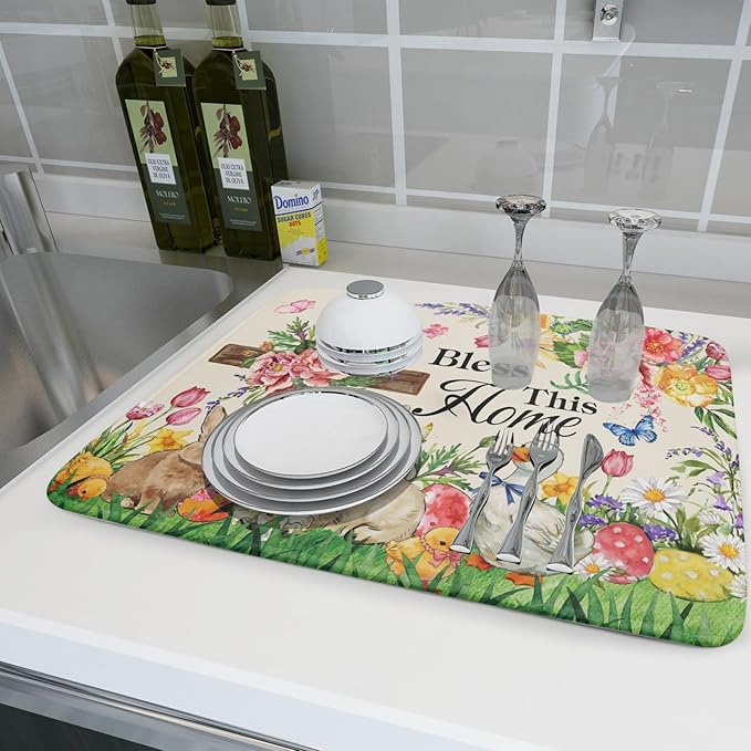 Easter Farmhouse Dish Drying Mat Funny Animal Microfiber Dish Pad