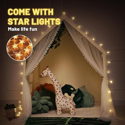 Wilwolfer Kid Tent with Mat, Star Lights - Kids Play Tents for Toddlers Kids Tents Indoor Playhouse - Princess Tent for Girls Toy House Gift (Beige with Mesh)