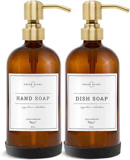 Vine Creations Amber Glass Soap Dispenser, 2 Pack Kitchen Soap Dispenser Set