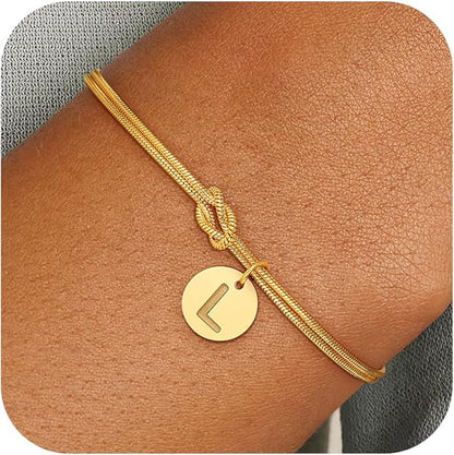 Gold Initial Bracelets for Women Girls - 18K Gold Plated A-Z Initial Bracelet Dainty Knot Bracelet Gold Bracelets for Women Teen Girl Gifts Trendy Stuff