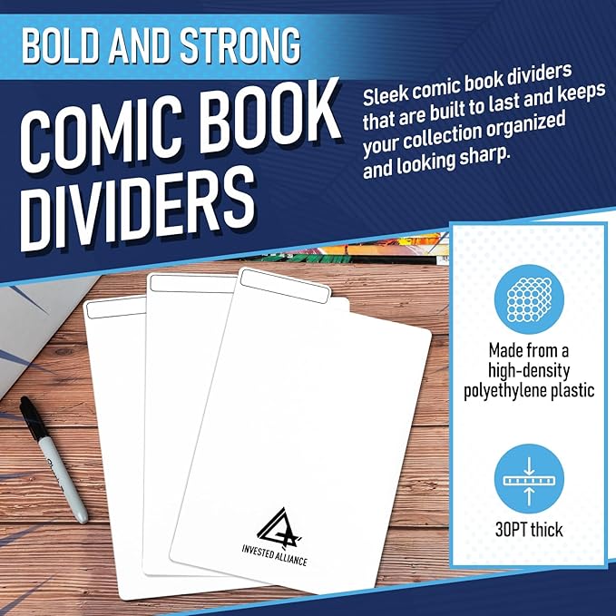 Bundle Set - Premium Short Comic Book Storage Box (3 Pack - White). Thick Cardboard Comic Book Box/Cabinet. Comics Books Bin for 150-175 Collectibles & White Comics Books Dividers (25 Pack)