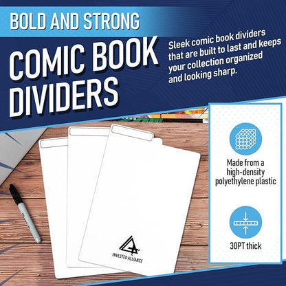 Bundle Set - Premium Short Comic Book Storage Box (3 Pack - White). Thick Cardboard Comic Book Box/Cabinet. Comics Books Bin for 150-175 Collectibles & White Comics Books Dividers (25 Pack)