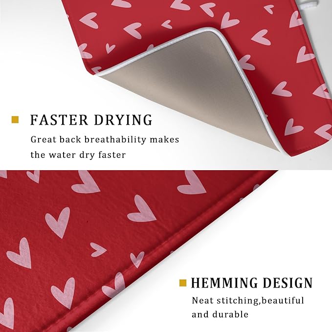 Valentines Dish Drying Mat for Kitchen Counter 18x24 Inch Valentine's Day Red