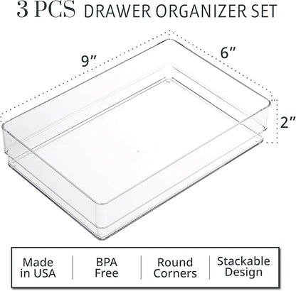 STORi SimpleSort 3-Piece Stackable Clear Drawer Organizer Set | 9" x 6" x 2"