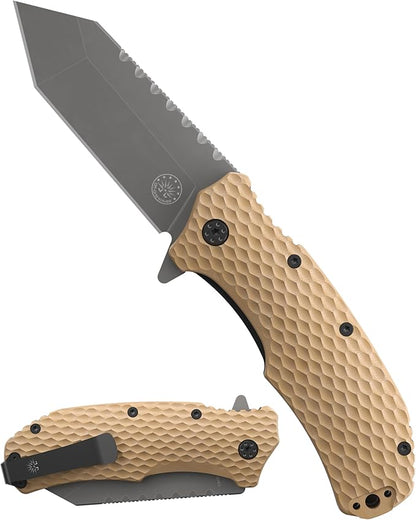 Off-Grid Knives - Rapid Fire Viper, Assisted Tanto Blade, Hard Use Build, Tactical, Camping & Survival EDC, Cryo D2 Steel, Graywash, Coyote G10 Scales, Deep Pocket Carry (Coyote)