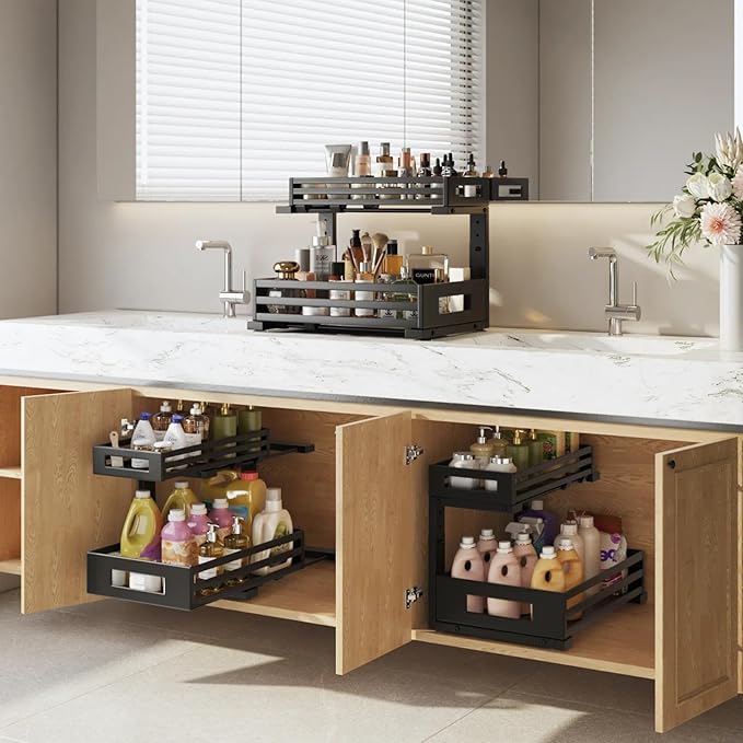 2-Pack Under Sink Organizer and Storage, 2-Tier L Shape Pull Out Cabinet