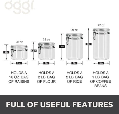 Oggi 4pc Clear Canister Set with Clamp Lids Airtight Containers in Sizes Ideal for Kitchen & Pantry Storage of Bulk, Dry Foods Including Flour, Sugar, Coffee, Rice, Tea, Spices & Herbs