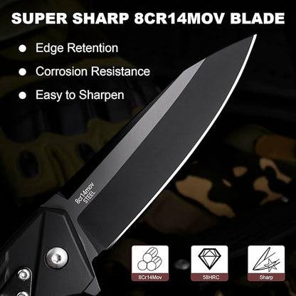 AUBEY Pocket Knife, 8Cr14Mov Steel Blade 3.54", 3-in-1 Folding Knife for Men, Tactical Multitool Knife with Glass Breaker Seat Belt Cutter for EDC Outdoor Survival Camping Hiking (Aluminum Handle)