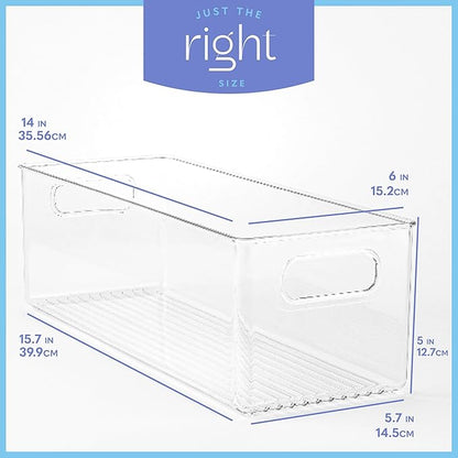 Plastic Food Storage 6 Pack Clear Container Bin with Handles for Organizing Kitchen, Pantry, Fridge, Freezer, Pantry, Bathroom. 14"x6"5"