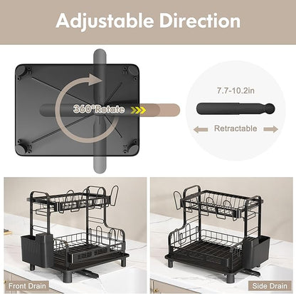 BOOSINY Dish Drying Rack, 2 Tier Large Stainless Steel Black Dish Rack