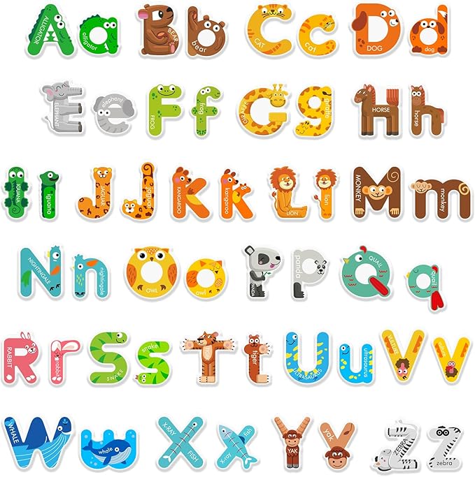 Whaline 2 Sheets Alphabet Letters Thick Gel Clings Cute Animals 26 Uppercase & Lowercase Window Gel Decals for Educational Spelling Learning Home Classroom Nursery Decor