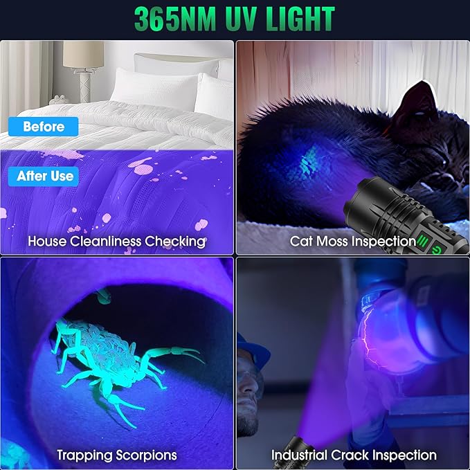 AdamStar UV&High Lumens Flashlight Rechargeable, 2-in-1 Powerful Blacklight LED Flashlight Tactical 6 Modes Super Bright Waterproof Zoomable Detector for Pet Urine Curing Resin Camping