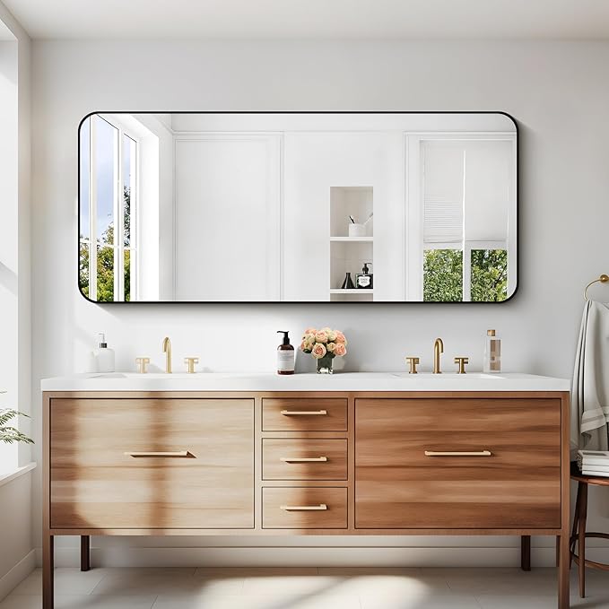 24" x 55"Bathroom Mirror, Matte Black Wall Mirror