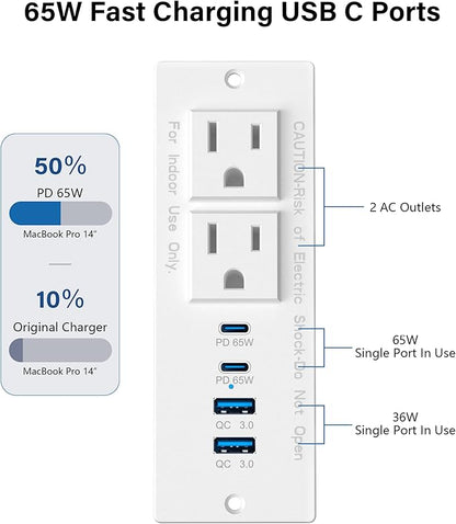 Recessed Power Strip Fast Charging Station 2 PD 65W USB C, Flush Mount