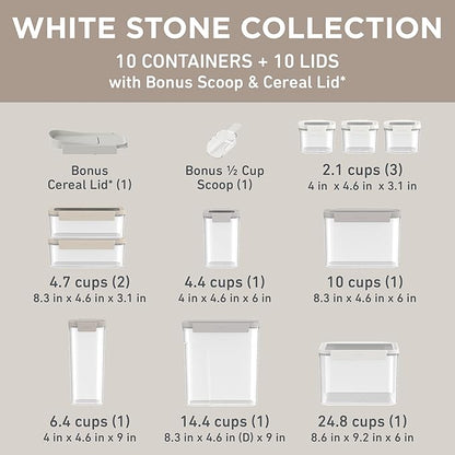 Bentgo Pantry - 22-Piece Airtight Food Storage Containers, Clear and Stackable Kitchen and Pantry Organization Set, Locking Lids for Freshness, Bonus Cereal Lid & Scoop, BPA-Free Plastic (White Stone)