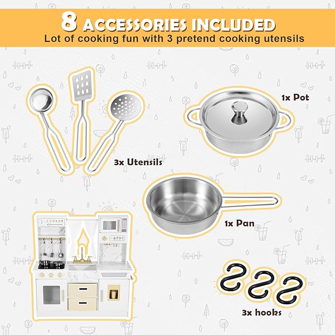 JOYLDIAS Play Kitchen, Wooden Kids Play Kitchen Playset Chef Pretend Play Set for Toddlers w/Ice Cube Dispenser, Oven, Cooking Accessories,Trendy Home Style w/Curtains, Storange Box, Gift for Ages 3+
