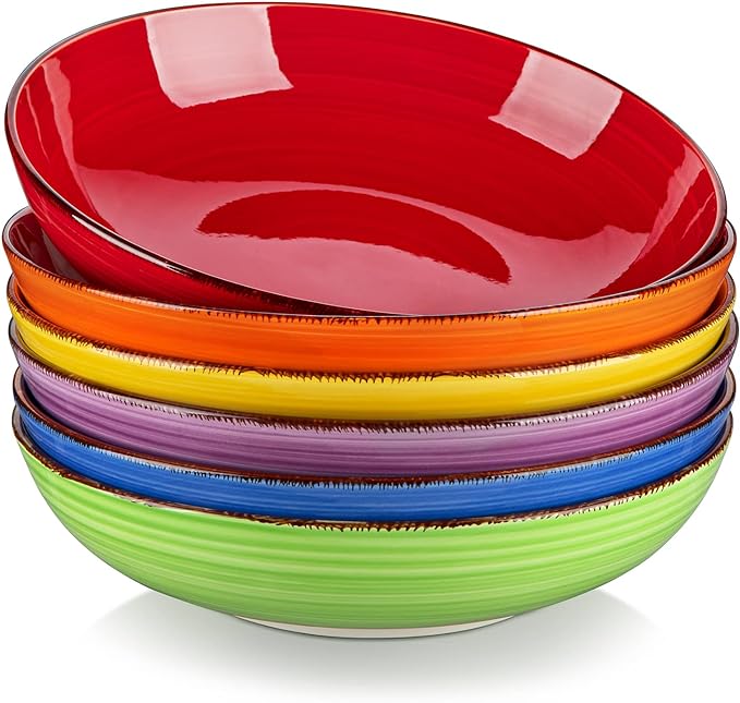 vancasso Bonita Pasta Bowls Set of 6, 38 oz Shallow Bowls, Ceramic Pasta Plates and Salad Bowls, Microwave & Dishwasher Safe Serving Bowls, Assorted Colors