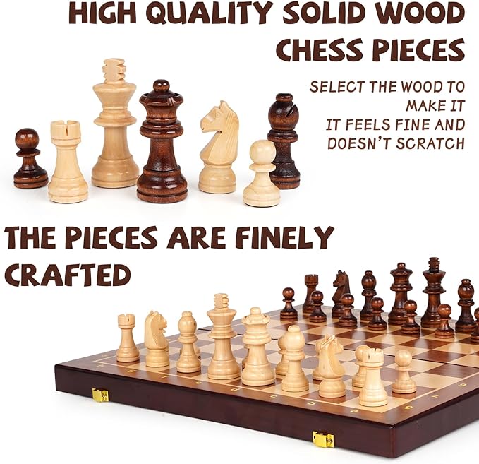 Wooden Magnetic Chess Set –15-Inch Foldable Wooden Chess Board with Magnetic Pieces, Portable Travel Chess Set for Adults and Kids, Classic Board Game with 2 Extra Queen