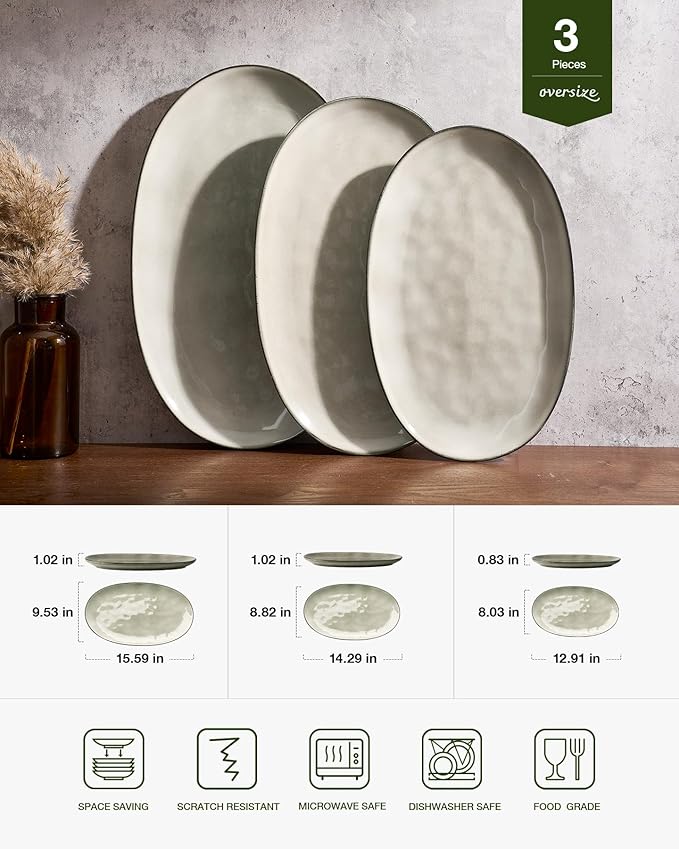 famiware Serving Platter, Oval 15.59/14.3/12.9 inch Serving Dishes for Entertaining, Serving Bowls, Dishwasher Safe, Stonware Serving Trays for Party, Turkey, Cheese, Reactive Glaze, Light khaki