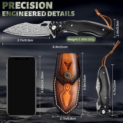 Pocket Knife for Men, Hunting knife with sheath, Damascus Steel Folding knife with Ebony Wood Handle, Survival EDC Knife for Fishing, Meat Cutting, Tactical Knife for Outdoor Camping Hiking