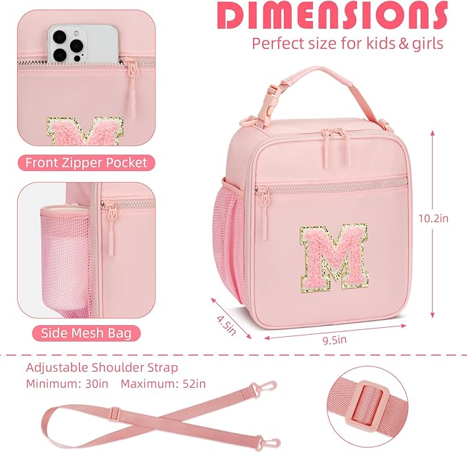 Initial Insulated Lunch Bag for Girls Kids, Back to School Gift, Reusable Leak-proof Lunch Box with Adjustable Strap for School Daycare Travel Picnic (Pink,M)