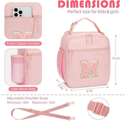 Initial Insulated Lunch Bag for Girls Kids, Back to School Gift, Reusable Leak-proof Lunch Box with Adjustable Strap for School Daycare Travel Picnic (Pink,M)