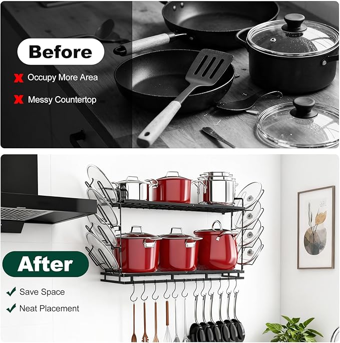 Housolution Pot Rack Wall Mounted, 3 Level Height Adjustable, 2 Tier Heavy Duty