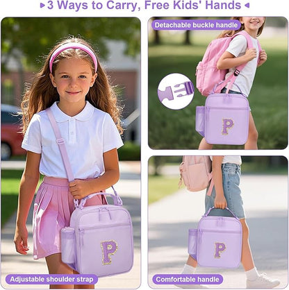 Initial Insulated Lunch Bag for Girls Kids, Back to School Gift, Reusable Leak-proof Lunch Box with Adjustable Strap for School Daycare Travel Picnic (Purple,P)