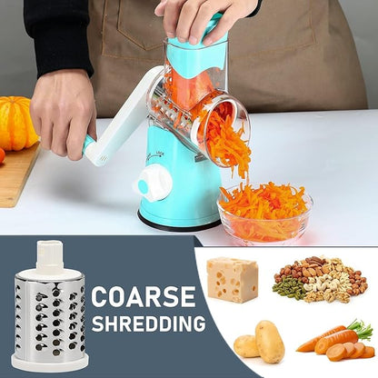 KEOUKE Rotary Cheese Grater Hand Crank Light Blue - Shredder Slicer Grinder 3 Stainless Steel Blades, Stable Suction, Labor-Saving Handle, Safe Kitchen Tool for Cheese, Vegetable, Nuts, Chocolate