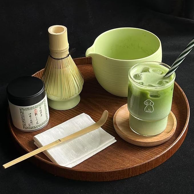 Matcha Whisk Set, Ceramic Matcha Bowl & Whisk Holder, Bamboo Accessory, Modern Design (Mint Green, Pouring Spout)
