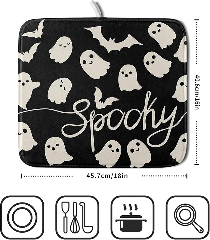Halloween Dish Drying Mat for Kitchen Counter 16x18 Cute Ghost Black Spooky